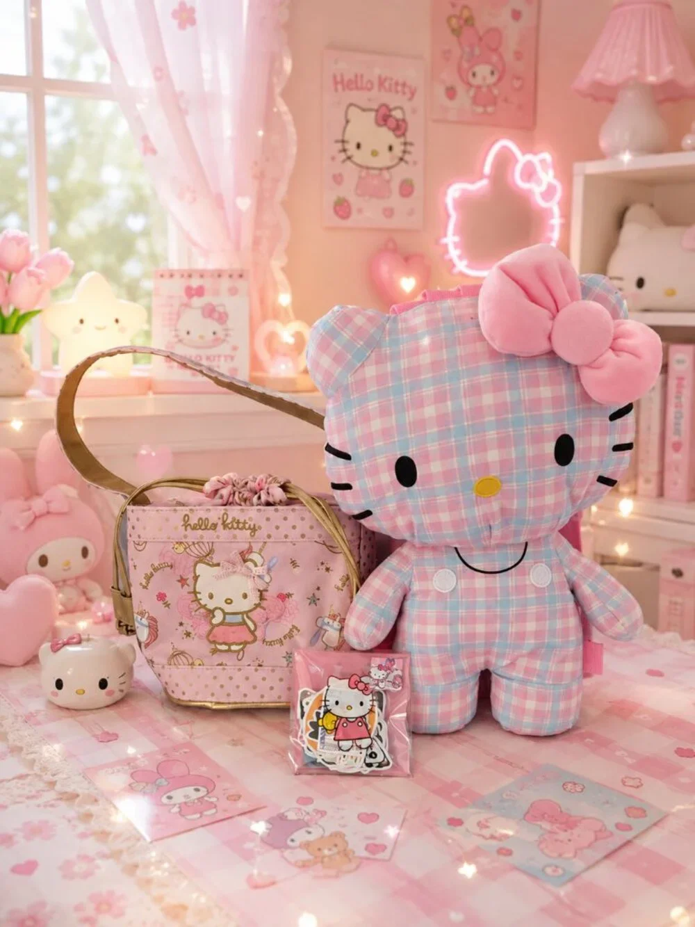Hello Kitty Pink Plaid Plush Backpack with Matching Mini Bag Kawaii Gift Idea